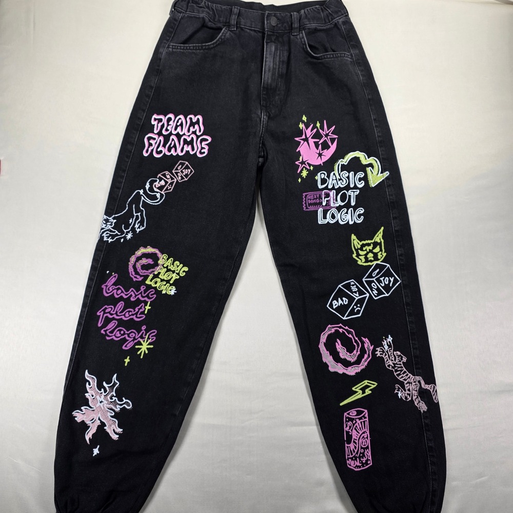 Bershka Womens Graphic Print Jogger Jeans Black High Waist XS 5352/999/800/36